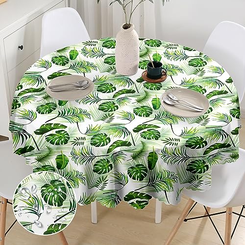 G-dake Round Tablecloth Wipeable, Hawaiian Polyester Circular Table Cloth Waterproof Wrinkle and Stain Resistant Tropical Palm Leaf Table Cover f