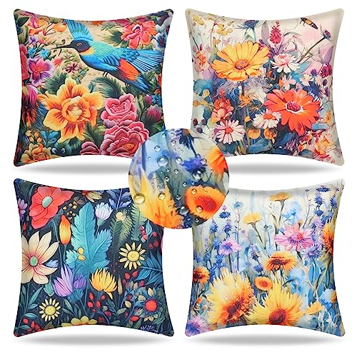 NAKURU Set of 4 Decorative Outdoor Cushion Covers Waterproof 45x45 CM, Modern Flower Throw Pillow Covers for Patio Furniture Porch Garden Cushion