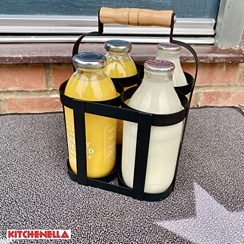 Milk Bottle Holder Doorstep in Black Metal with Wooden Handle - Carrier Fits 4 Standard Pint Sized UK Milk Bottles Vintage Retro Traditional Desi
