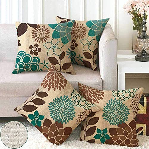 KUNQIAN Cushion Covers Waterproof Blue Brown Flower Double-Sided Pattern Throw Pillow Cover Set of 4 18x18 inch Home Decorative for Patio Furnitu