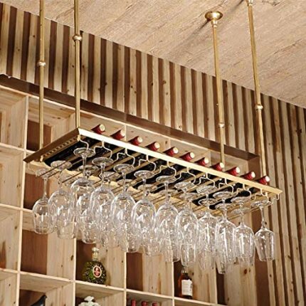 OUSIKA Wine Racks,Hanging with Glass Holder and Shelf, Adjustable Metal Ceiling Bar Wine Glass Rack, Industrial Wall Mounted Wine Glass Rack