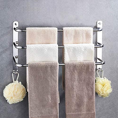 HONPHIER® Towel Rail Chrome 3-Tier Bath Towel Rack with Hooks SUS 304 Stainless Steel Wall Mounted Towel Holder Towel Bar Rail for Kitchen Bathro