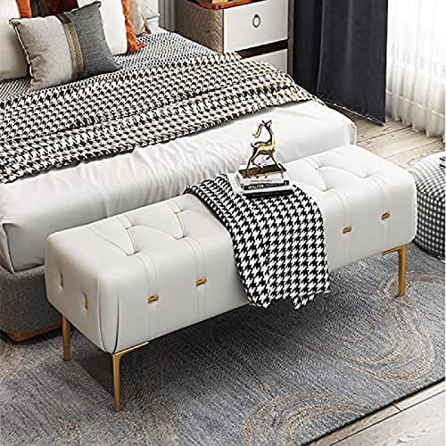 Luxury Bedside Bench, Leather Upholstered Bedroom Bench With Gold Legs, Entryway Bench, Modern Living Room Bench,White,100X40X43Cm(39X16X17Inch)