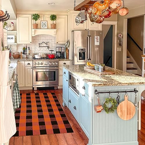 Orange and Black Plaid Rug, 35.4''x59'' Fall Outdoor Front Door Decorative Mat, Hand-Woven Rug for Layered Door Mats Washable Carpet for Porch, E
