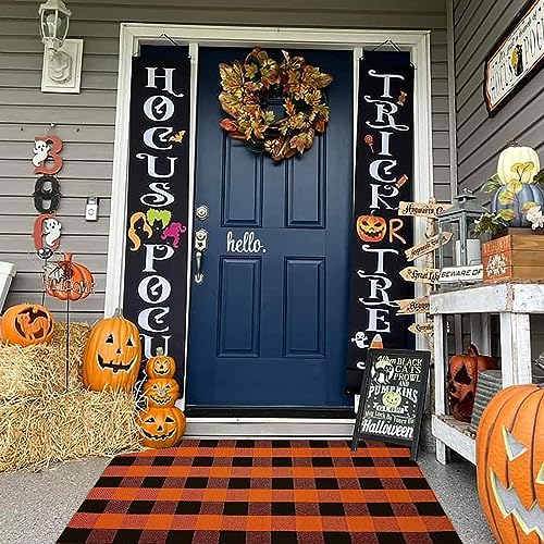 Orange and Black Plaid Rug, 35.4''x59'' Fall Outdoor Front Door Decorative Mat, Hand-Woven Rug for Layered Door Mats Washable Carpet for Porch, E