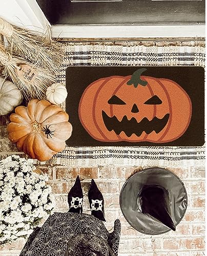 Lahome Halloween Decorative Door Mat, Outdoor Indoor Front Doormat with PVC Backing, Durable Non Slip Black Pumpkin Coir Door Mats for Entrance P