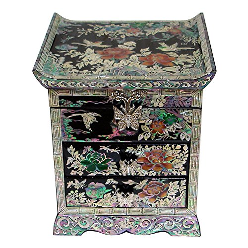 Mother of Pearl Crane Bird and Pine Tree Design Purple Wooden Jewellery Drawer Mirror Trinket Keepsake Treasure Gift Asian Lacquer Box Case Chest
