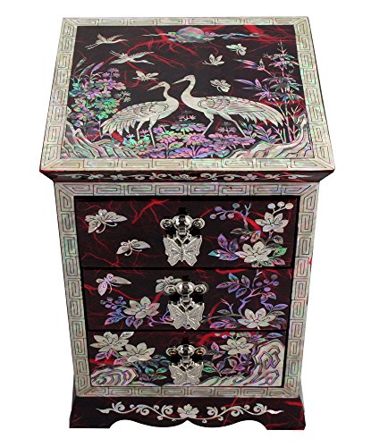 Mother of Pearl Crane Bird and Pine Tree Design Purple Wooden Jewellery Drawer Mirror Trinket Keepsake Treasure Gift Asian Lacquer Box Case Chest