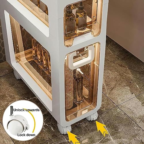 Bathroom Floor Cabinet Storage with 4 Drawers and Casters, Corner Floor Cabinet Large Capacity Narrow Dresser Tower Vertical Storage for Bathroom