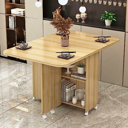 Drop Leaf Table, Folding Kitchen Table, Wooden Dining Table with 2 Storage Racks And Wheels, Space Saving Extendable Table for Kitchen/Living Roo