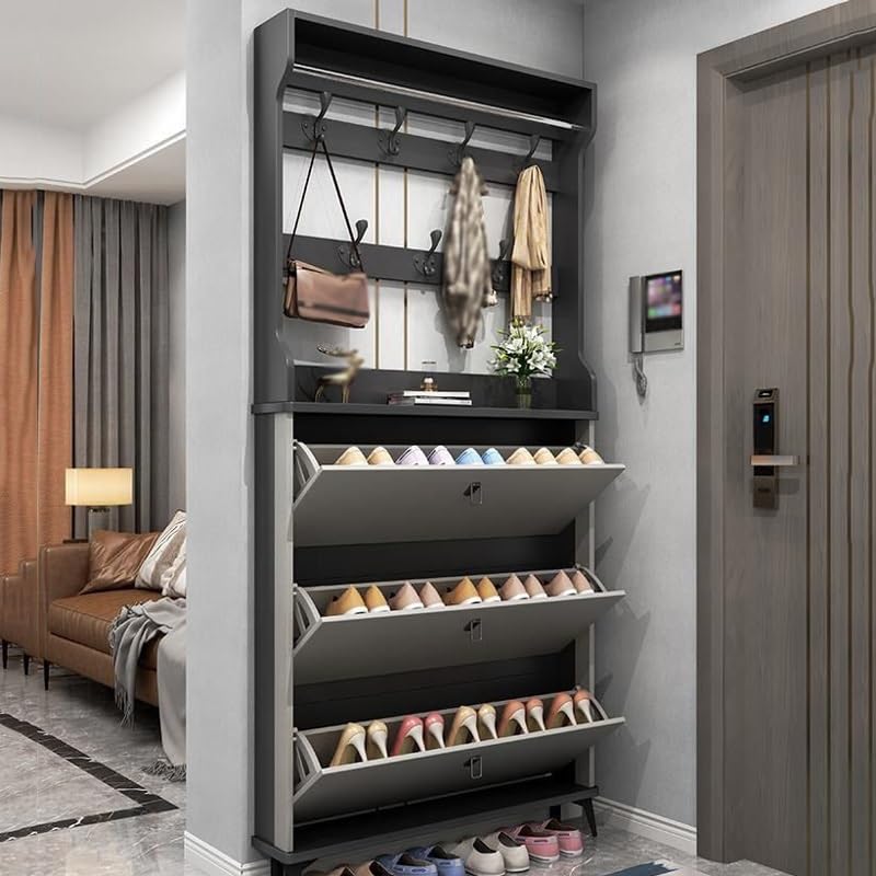 n/a Large capacity space saving storage shoe rack thin shoe cabinet with coat hanger flip bucket shoe cabinet at home door (Color : D, Size : 17