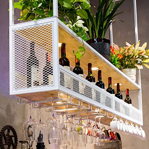 KEppd Wine Rack Wall | Wine Shelf with Glass Holder (with Spotlights) | Metal Ceiling Mounted Hanging Wine Holder | Wooden Wine Bottle Holder | S
