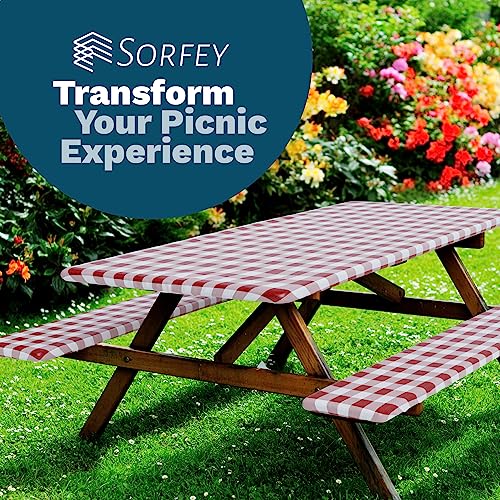 Sorfey Vinyl Picnic Table and Bench Fitted Tablecloth Cover, Checkered Design, Flannel Backed Lining, 30 x 60 Inch, 3-Piece Set, Gray