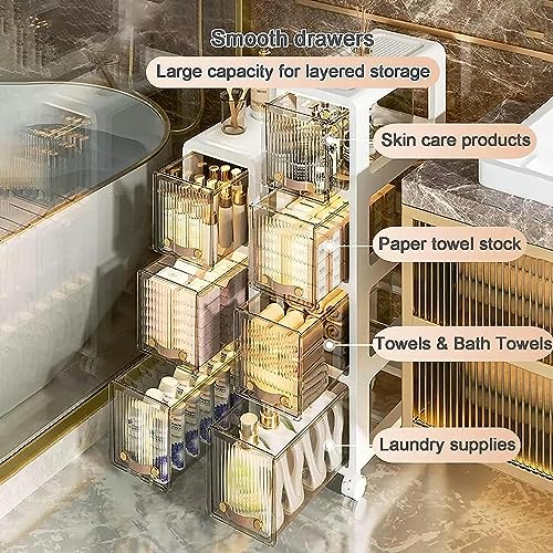 OPSREY Small Bathroom Storage Corner Floor Cabinet, Narrow Rolling Bathroom Cabinet for Small Spaces with Drawers Wheels