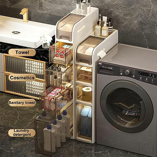Bathroom Floor Cabinet Storage, 4-Tier Slim Toilet Paper Storage Cabinet with Clear Drawers and Casters, Large Capacity Narrow Vertical Dresser T