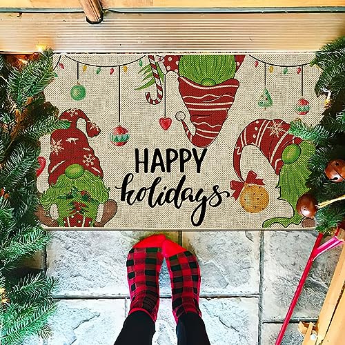 ORTIGIA Christmas Doormat Indoor Outdoor Entrance Winter Xmas Cute Gnomes Door Mats Non-Slip Durable Entrance Mat for Home, Outside Entry, Yard,