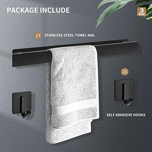 Mairhie Towel Rail & 2 Towel Hooks, Matt Black Self Adhesive Towel Rail, 16 Inch Wall Mounted Towel Bar, Waterproof Towel Hangers for Bathroom, S