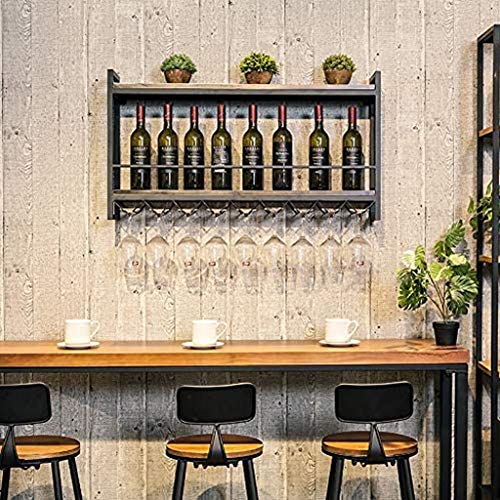 Vintage Wine Racks Wall-Mounted, Kitchen Bar Unit Floating Shelves Rustic Wood Board Wine Bottle Holder Metal Iron Wine Glass Rack Goblet Stemwar