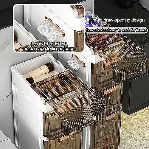 OPSREY 4 Tier Bathroom Floor Cabinet Vertical Storage Unit, Toilet Paper Storage Stand Plastic, Narrow Bath Organizer with Drawers