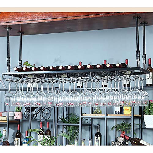 EYLINK Ceiling Wrought Iron Wine Rack, Inverted Goblet Cup Holder, Bar Restaurant Decoration Rack Display Rack, Height And Spacing Adjustable, Bl