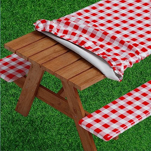 Sorfey Vinyl Picnic Table and Bench Fitted Tablecloth Cover, Checkered Design, Flannel Backed Lining, 30 x 60 Inch, 3-Piece Set, Gray