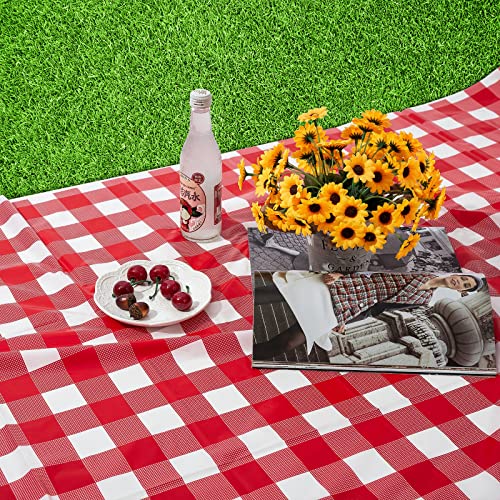 Kesfey 8 Pack Red Gingham Plastic Tablecloths 137x274cm, Disposable Checkered Rectangle Tablecloth, Waterproof and Spillproof Table Covers for Pa