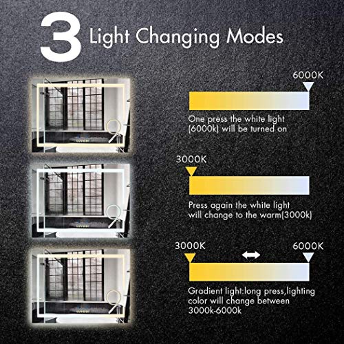 Illuminated LED Bathroom Mirror with 3 Color Modes, 500 X 700Mm Wall Mounted LED Mirrors Light with Dimmable Touch Control Switch, Ip44 Waterproo