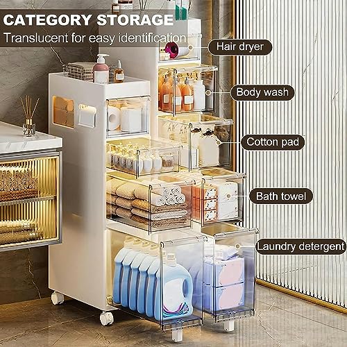 9''W Small Bathroom Storage Cabinet, 4 Tier Narrow Bathroom Floor Cabinet Large Capacity with Plastic Drawers and Casters Slim Toilet Paper Stora