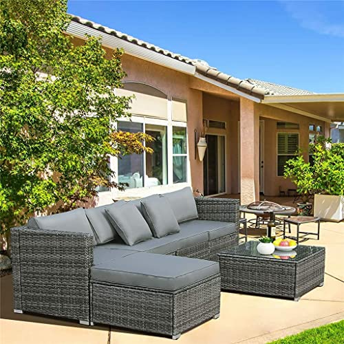 DLOETT 6PCS Rattan Garden Corner Sofa Set Outdoor Garden Furniture Set Patio Sofa Set with Glass Coffee Table Cushions Pillows