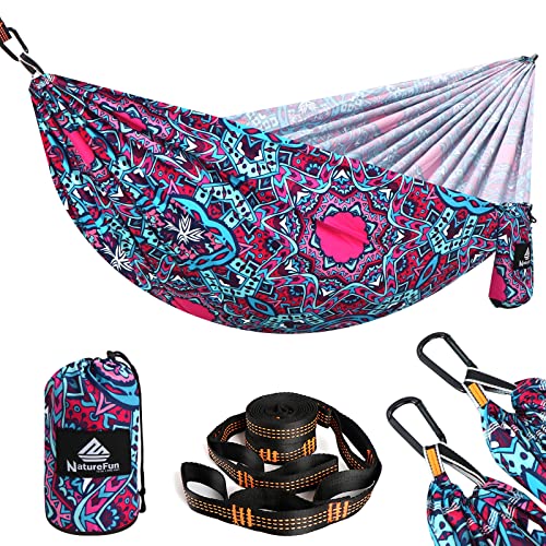NATUREFUN Ultra-Light Travel Camping Hammock | 300kg Load Capacity,(300 x 200 cm) Breathable,Quick-drying Parachute Nylon | 2 x Premium Carabiner