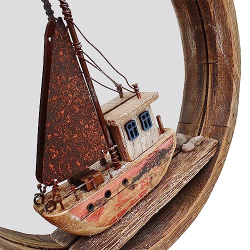 Linfevisi Round Wood Mirror Rustic Large Wall Mirrors Decor Solid Wood Frame Decorative Nautical Mirror with Sailboat Hanging Wooden Circle Mirro