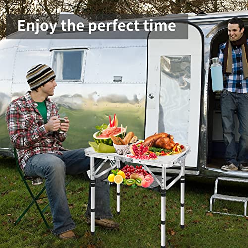 MYCOQU Small Folding Camping Table, 3 Heights Adjustable Portable Camp Tables, 2ft 23.6''L x 15.7''W Aluminum Lightweight Picnic Table with Mesh
