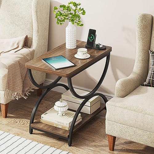 LITTLE TREE Wood Chairside Living Room, 2-Tier Nightstand Bedside Table for Bedroom, Engineered Metal, Brown