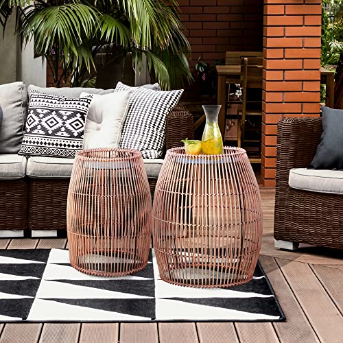 Teamson Home Outdoor Garden Small Round Drum Patio Side Table, 12.5 Inch Plant Stand in Bamboo Wicker, Weather Resistant, Outdoor Garden Décor, B
