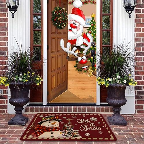 Red Christmas Welcome Doormat for Indoor/Outdoor Entrance Cute Snowman Let It Snow Decoration Door Mat Merry Xmas Kitchen Door Floor Mat Bedroom