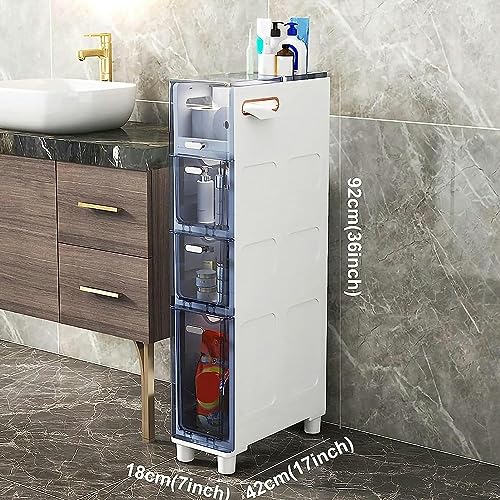 Narrow Bathroom Floor Cabinet, Slim Toilet Storage Cabinet Storage Tower with Clear Drawers and Casters, Sturdy Narrow Dresser Tower for Bathroom