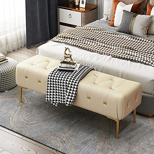 Luxurious End of Bed Bench,Leather Upholstered Bench Bedroom Bench with Golden Legs,Entryway Bench,Modern Bench Seat for Livng Room-Light Gray 80