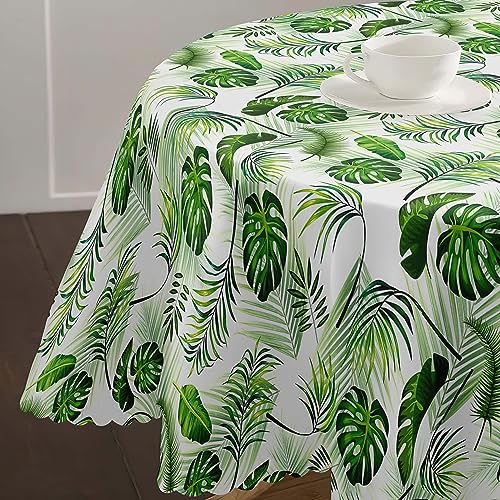 G-dake Round Tablecloth Wipeable, Hawaiian Polyester Circular Table Cloth Waterproof Wrinkle and Stain Resistant Tropical Palm Leaf Table Cover f