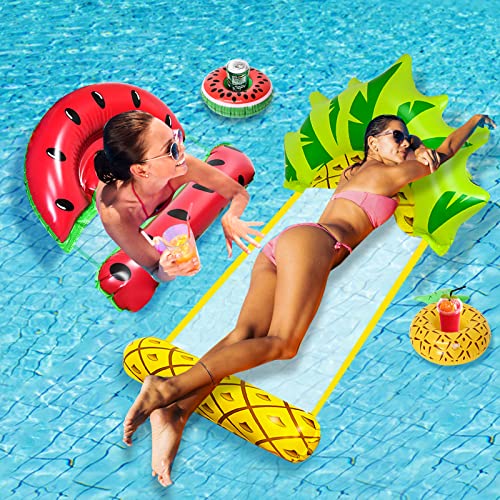 FORMIZON 2 Pcs Pool Float Hammock, 4-in-1 Multi-Purpose Inflatable Hammock with 2 Pcs Floating Cup Holder, Swimming Pool Watermelon Pineapple Por