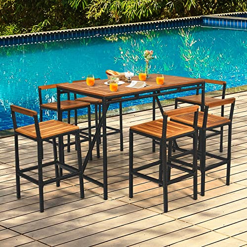 MIAOZI 7PCS Patio Rattan Bar Set Acacia Wood Frame Stools Table Umbrella Hole Outdoor Bar Set