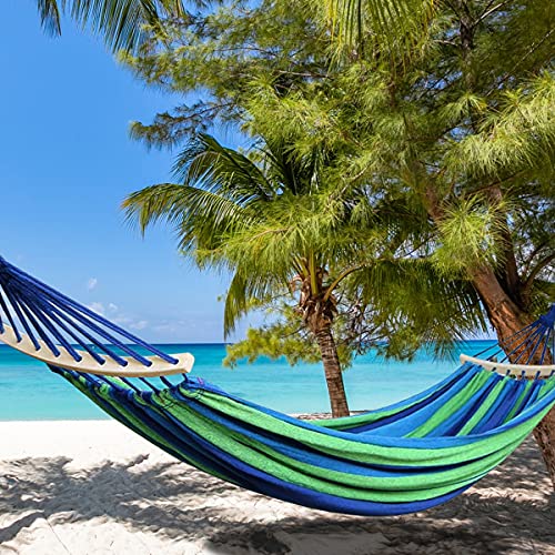 Ledeak 6.2 x 5 ft Extra Large Camping Hammock, Portable Swing Bed Thickened Durable Stripe Canva with Anti Roll Beam Tree Straps Bag Max Load 660