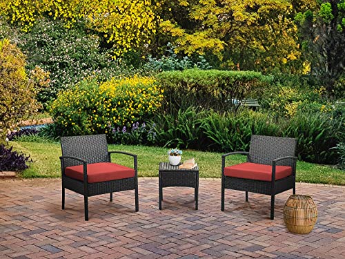 GEAREDEN 3 Pieces PE Rattan Wicker Chair Set Outdoor Patio Rattan Wicker Funiture Set, Conversation Sets with Coffee Table (Red)