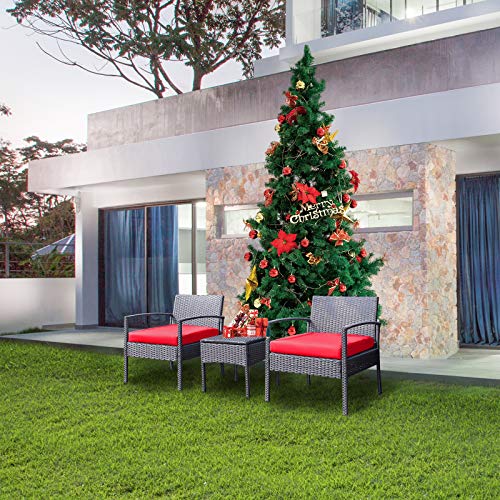 GEAREDEN 3 Pieces PE Rattan Wicker Chair Set Outdoor Patio Rattan Wicker Funiture Set, Conversation Sets with Coffee Table (Red)