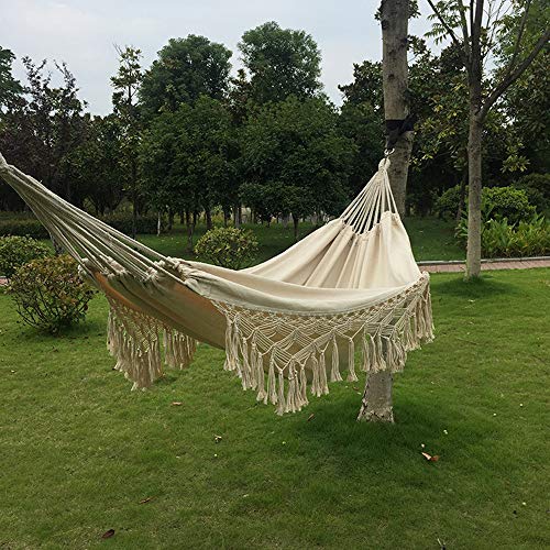 Handmade Cotton Woven Balcony Hammock Hanging Rope Chair Porch Swing with Crochet Fringe for Backyard Patio Garden Outdoor and Indoor Boho Style