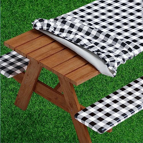Sorfey Vinyl Picnic Table and Bench Fitted Tablecloth Cover, Checkered Design, Flannel Backed Lining, 30 x 60 Inch, 3-Piece Set, Gray