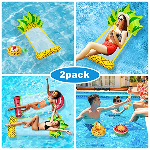 FORMIZON 2 Pcs Pool Float Hammock, 4-in-1 Multi-Purpose Inflatable Hammock with 2 Pcs Floating Cup Holder, Swimming Pool Watermelon Pineapple Por
