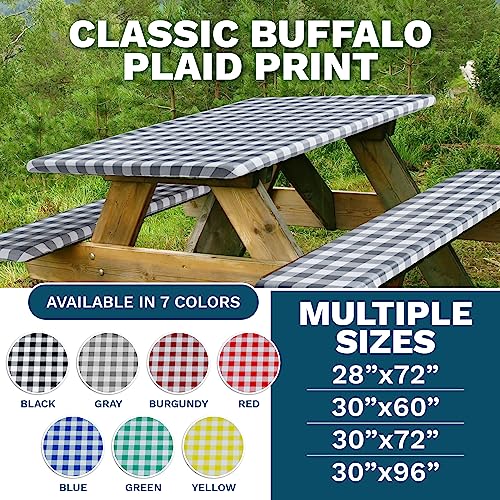 Sorfey Vinyl Picnic Table and Bench Fitted Tablecloth Cover, Checkered Design, Flannel Backed Lining, 30 x 60 Inch, 3-Piece Set, Gray