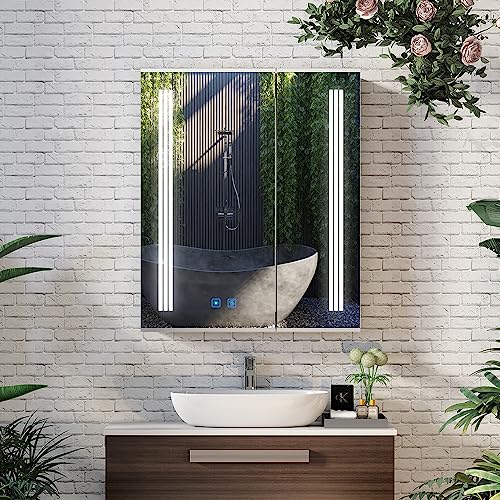 LUMIRRORS® LED Bathroom Mirror Cabinet 60x70cm with Shaver Socket Dimmable Brightness Touch-Switch Anti-fog 2-door Adjustable Shelves IP44 Illumi