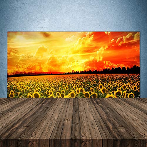 Tulup Glass Splashback for Kitchen - 55.1 in x 27.6 in / 140x70 cm - Cooker Wall Protection Tempered Glass - Meadow Sunflowers Floral