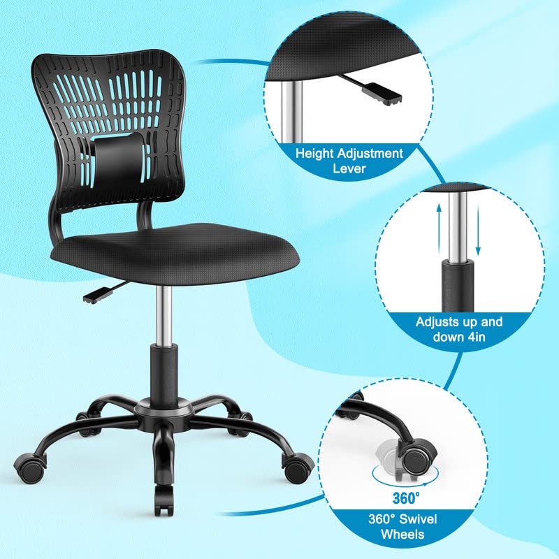 PALONE Adjustable Office Chair Ergonomic Desk Chair 360° Swivel Computer Gaming Armless Chair Mesh Task No Arms Chair with S-Back Support Comfy C